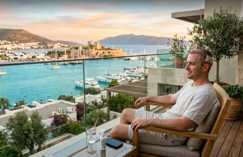 Hair Transplant Recovery in Bodrum patient relaxing at a luxury seaside hotel balcony with Bodrum bay and marina view during post hair transplant recovery process in Turkey