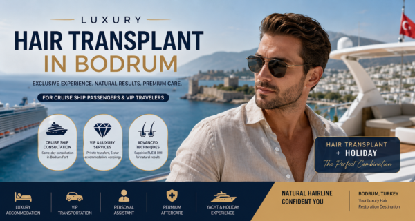 Luxury Hair Transplant in Bodrum performed in a modern clinic environment with VIP medical tourism services, experienced hair transplant specialists, natural hairline design, Sapphire FUE and DHI techniques, and personalized treatment plans for international patients visiting Bodrum, Turkey. Luxury Hair Transplant in Bodrum.